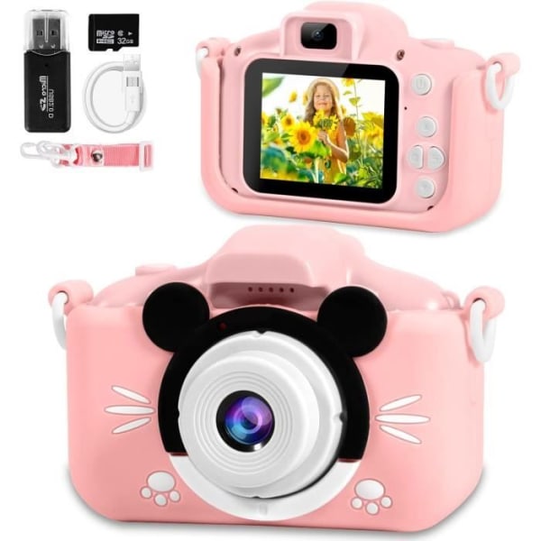 Barnkamera 2,0-tums HD 1080P Selfie-videokamera med 32 GB ROSA