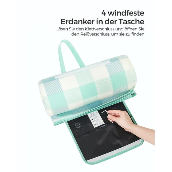 Vattentät picknickfilt 200 x 200 cm - sammet, skumfyllning - grön-vit