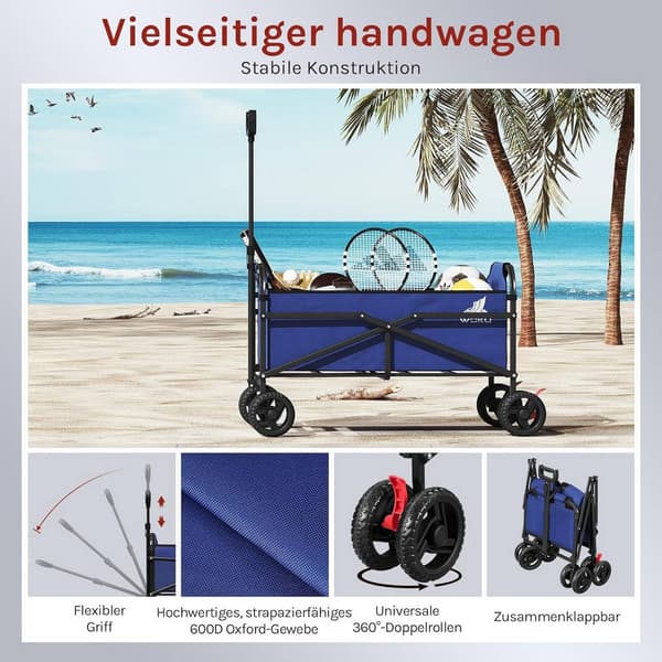 Fällbar handkärra med bromsar 80 kg lastkapacitet | Blå | 86x54x93 cm