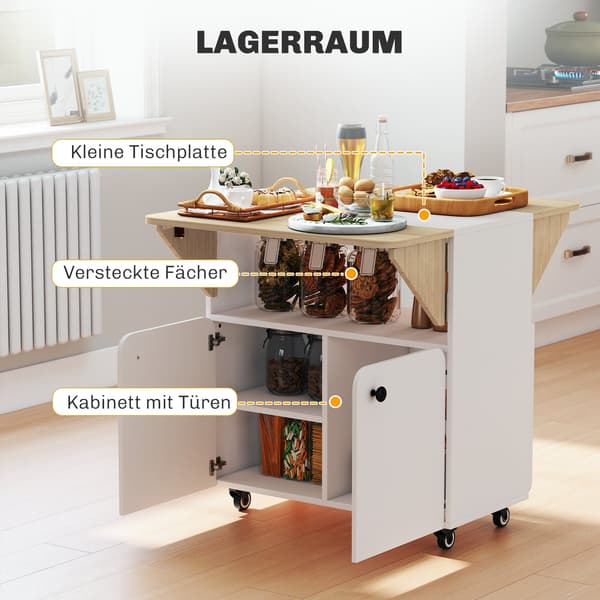 Fällbart rullbordsskåp - Dubbelt fällbart bord | Färg: Vit, brun | Mått: 83x70x75 cm