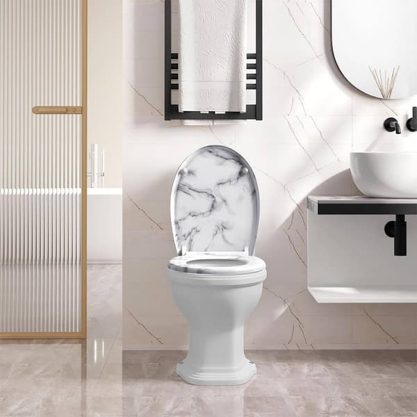 Toalettsits med soft close och snabbkoppling O-form | Vit marmor mönster