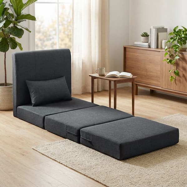 2-i-1 sovstol - hopfällbar bäddsoffa | Färg: Mörkgrå | Mått: 75x80x74 cm