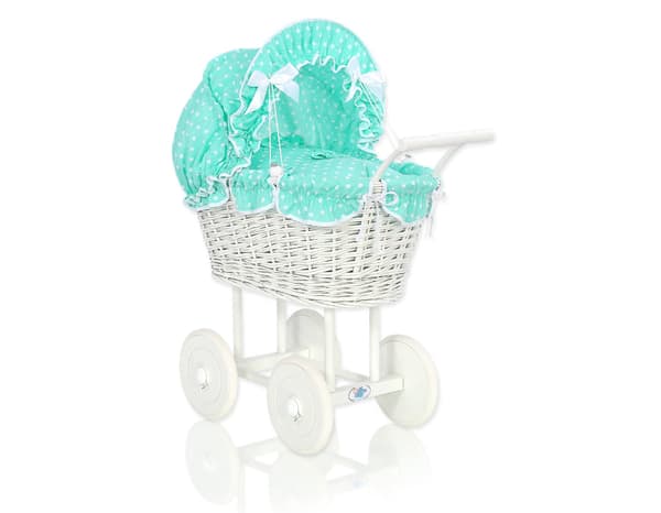 Wicker Doll Trailer - Wicker Buggy - Handmased and Ecological, With Mint Bedding - White