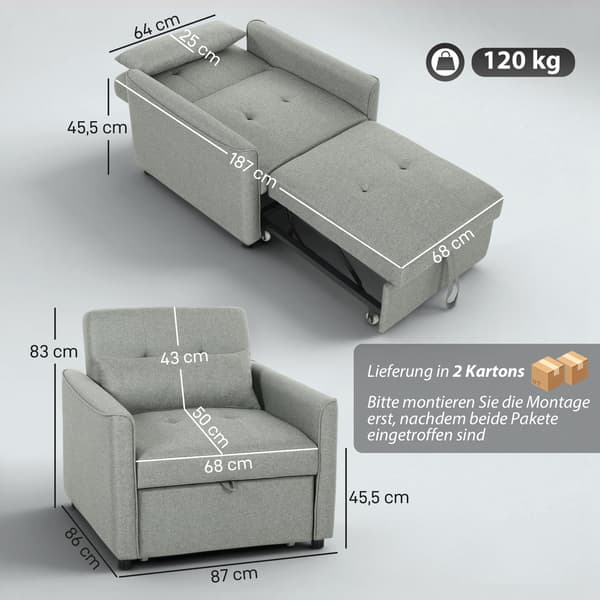 3-i-1 sovstol - Utfällbar stolsäng | Färg: Grå | Mått: 68x187x45,5 cm