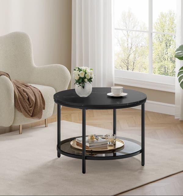 Soffbord 2 plan - Glas - Marmorlook - Svartgrå - 65 x 46 cm