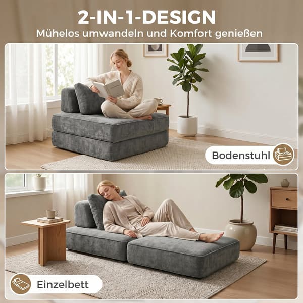2-i-1 sovstol - Chenille bottensits | Färg: Grå | Mått: 97x97x70 cm