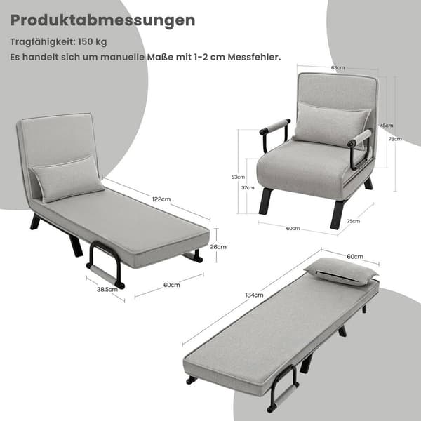 3-i-1 sovfåtölj med justerbart ryggstöd av linne | Ljusgrå | 65x78x75 cm