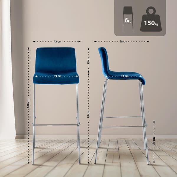 Barstol sammet - sammetstol - ergonomisk sittkomfort - blå - 4 -benen kromram