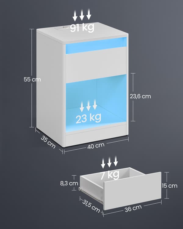Vitt sängbord med LED - Modern design - 35 x 40 x 55 cm