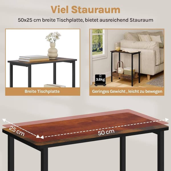 Sidobord med 2 plan av metall och trä | Rustik brun | 50x25x55 cm