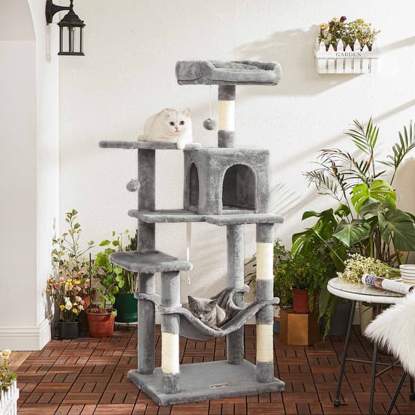 Kattskrapstolpe med hängmatta, hög skrapstolpe, modern, grå