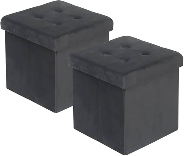 Set med 2 förvaringspuffar i sammet | Svart/grå | 37,5x37,5x38 cm
