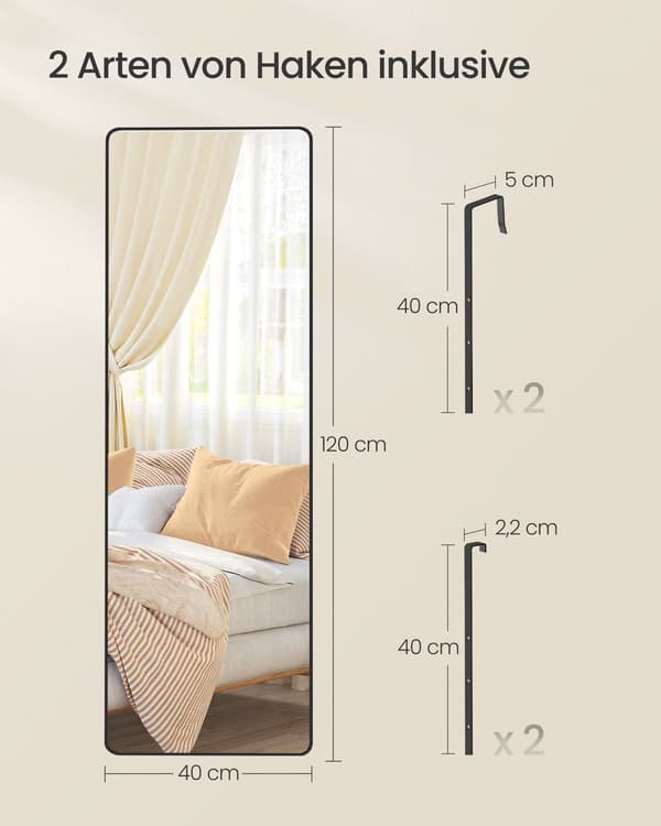 Stående spegel - Rektangulär - Bläcksvart - Härdat glas - 120 x 40 cm