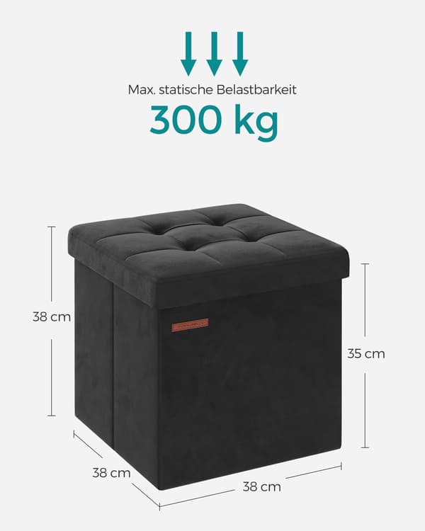Sammetsförvaringspall - MDF - 38 x 38 x 38 cm - bläcksvart - 43 l