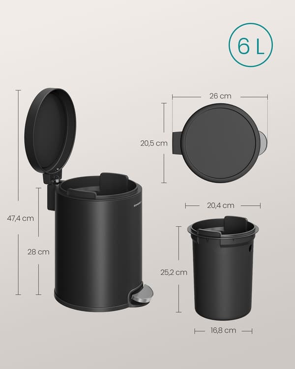 6 liters soptunna för badrum med soft close lock | Bläcksvart | 20,5x26x28 cm