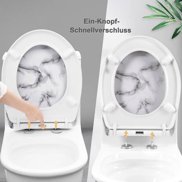 Toalettsits med soft close och snabbkoppling O-form | Vit marmor mönster
