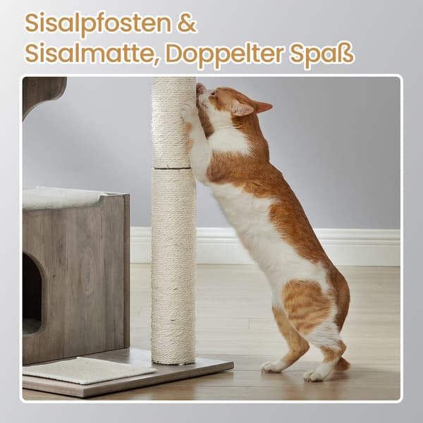 Hög kattskrapstolpe med katthus och plattformar | Greige-vit | 40x66x86 cm