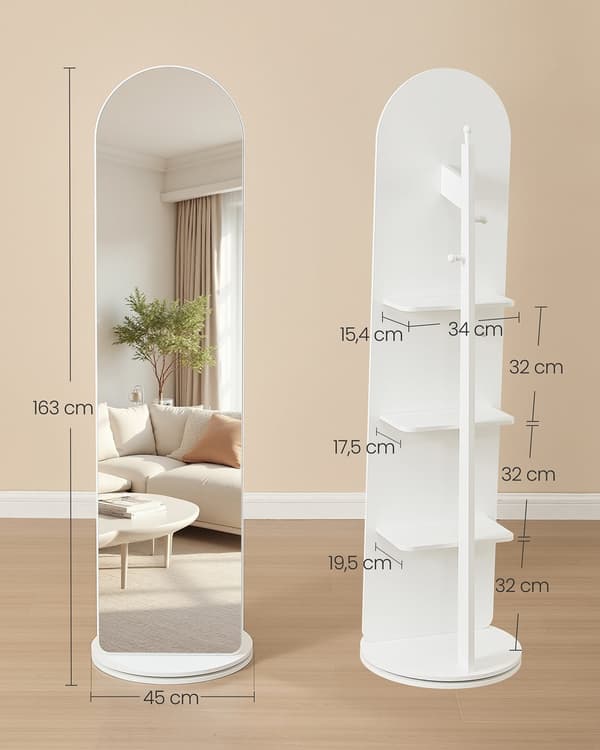 Stående hellängdsspegel kan vridas 360 grader med krokar | Moln vit | 45x163 cm