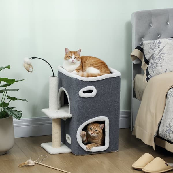 Kattskrapstolpe med katthus | Färg: Grå + Vit | Mått: 43x48,5x58 cm