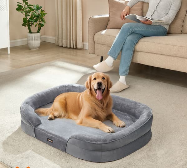 Grå hundsäng - flanell & sammet komfort - halkfri - 106 x 76 x 18 cm