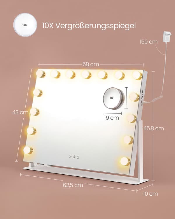 Vit sminkspegelset med LED-belysning - 10 x 62,5 x 45,8 cm