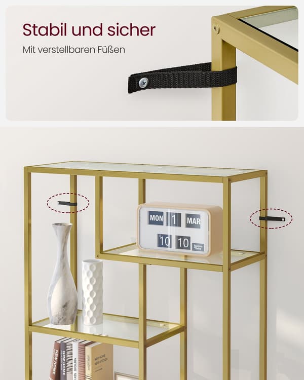 Guldfärgat glasställ - displayställ - härdat glas - stålram - 30 x 80 x 180 cm