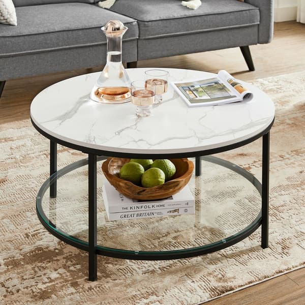 Soffbord i vit marmorlook - modernt - stål, härdat glas - 80 x 44,5 cm