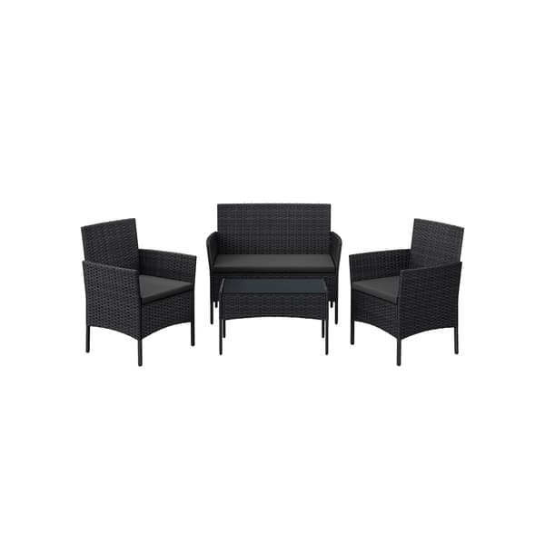 4-delat trädgårdsmöbelset - rottingsoffa - glasbord - gråa kuddar - 30 kg - 99 cm