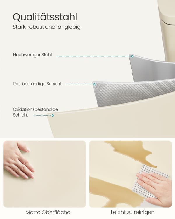 Stålsoptunna 50 liter med plastinnerhink, sandbeige, 43,2 x 37,1 x 63,2 cm