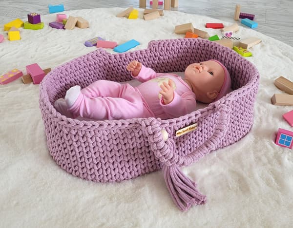 Boho Doll's Basket - Cotton Both Basket - Handmade & bekväm för dockor, lavendel