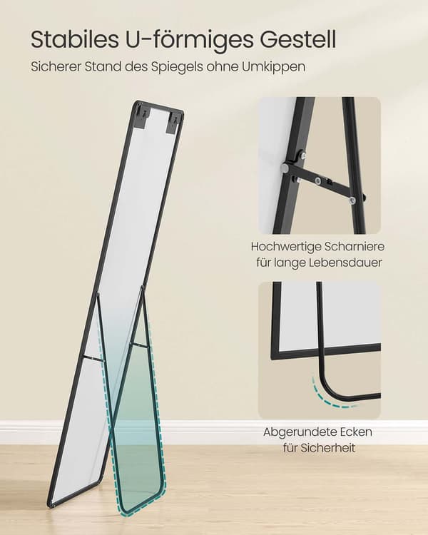 Stor rektangulär hellängdsspegel - väggspegel - hårt glas & aluminium - 150 x 40 cm svart