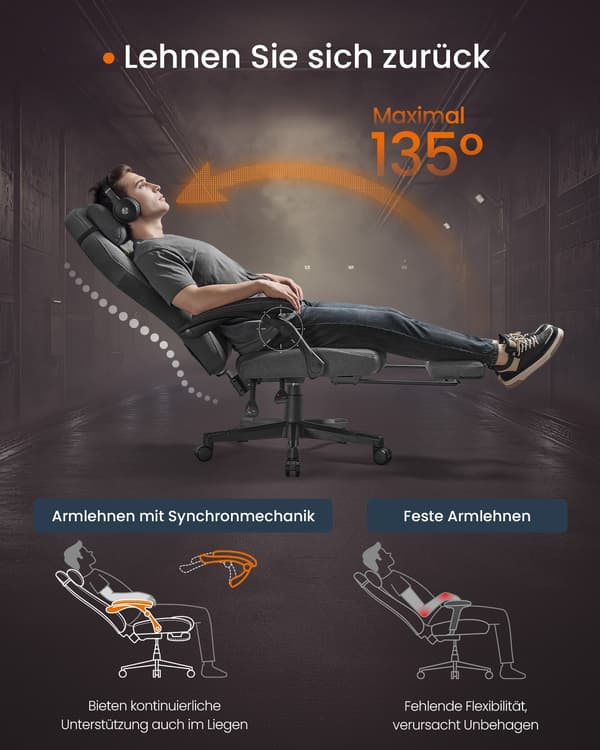 Justerbar gamingstol med fotstöd och dyna, ergonomisk, grå
