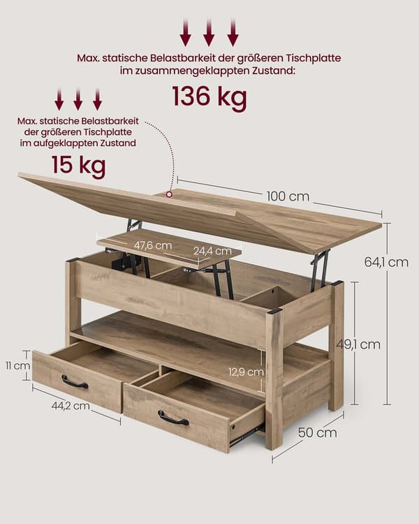 Höjdjusterbart soffbord med lyftskiva - 50 x 100 x 49,1/64,1 cm - brun