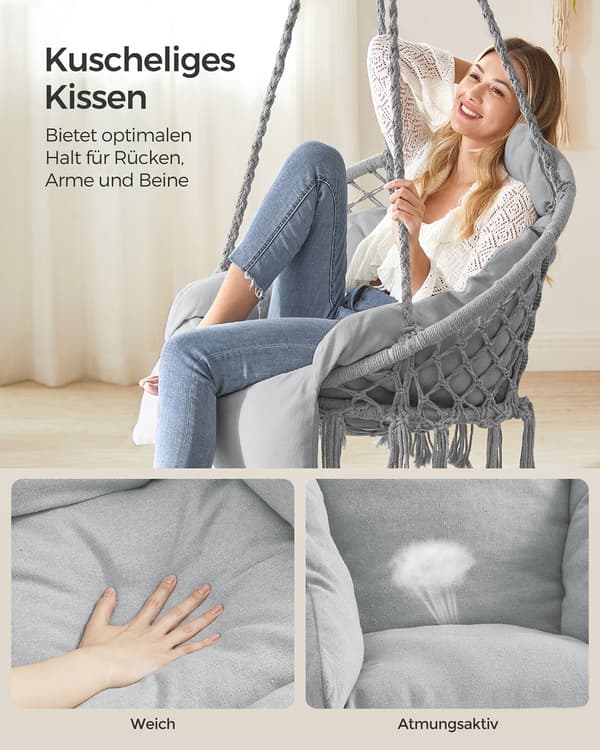 Hängstol med tjock dyna - 113 x 57 x 76 cm - grå, stål/polyester/bomull