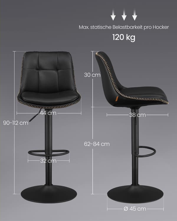 Set med 2 barstolar med ryggstöd - PU - förkromat stål - 44 x 48 x (90-112) cm