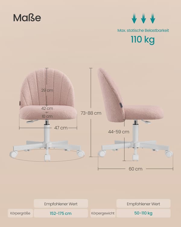 Fleecestol med klädsel | Pastellrosa | 60x60x73-88 cm