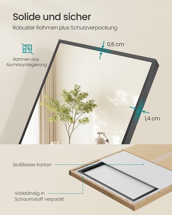 Rektangulär helkroppsspegel med robust ram | Nyanssvarta | 160x50 cm