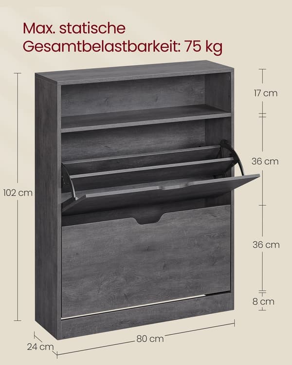 Skoskåp med 2 klaffar - skoförvaring - 24 x 80 x 102 cm - grå