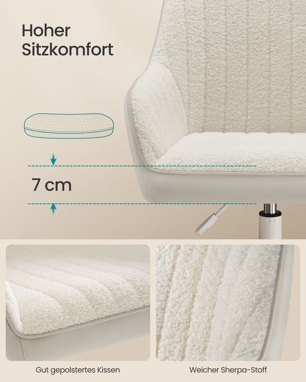 Ergonomisk kontorsstol - sherpa, konstläder - stålram - cappuccina beige/ullvit