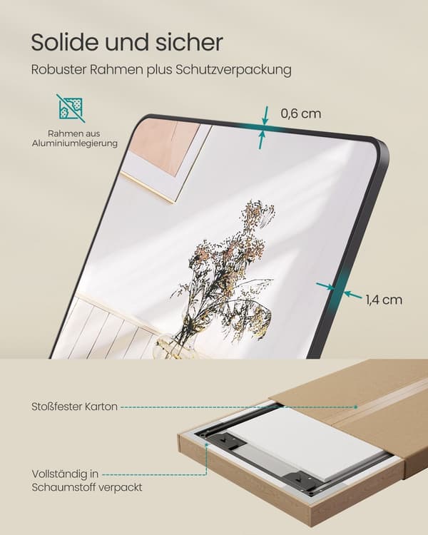 Stående spegel - Rektangulär - Bläcksvart - Härdat glas - 120 x 40 cm