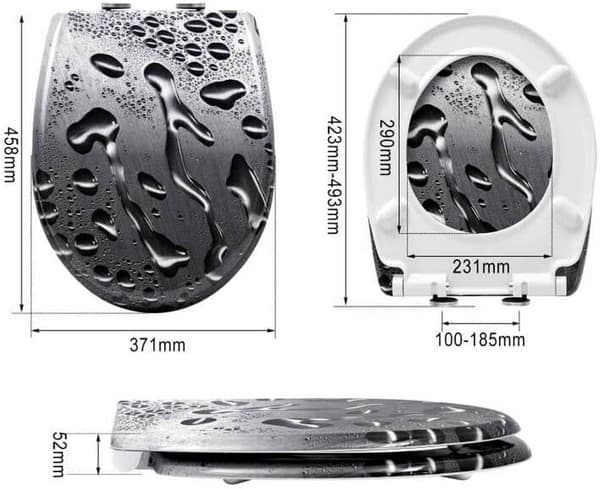 Toalettsits Duroplast med soft close och snabbfixerande daggdroppsmotiv | Grå