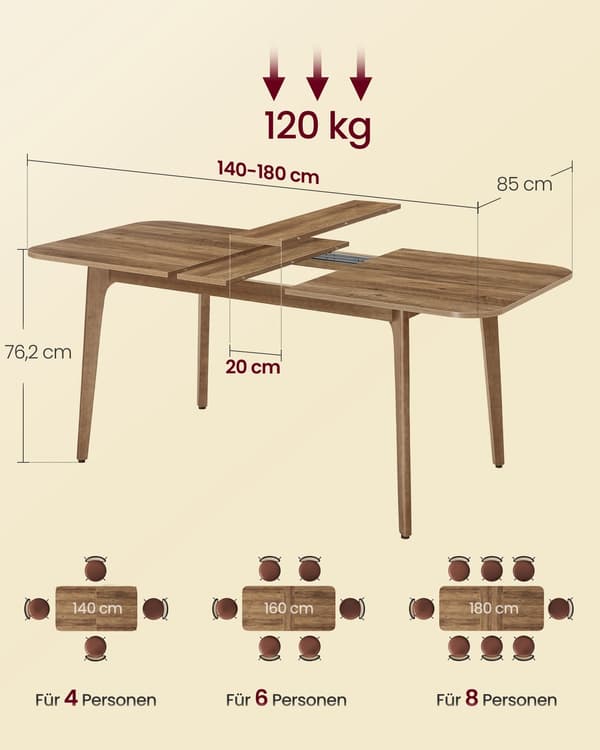 Utdragbart matbord | Honungsbrun | 140/160/180x85x76,2 cm