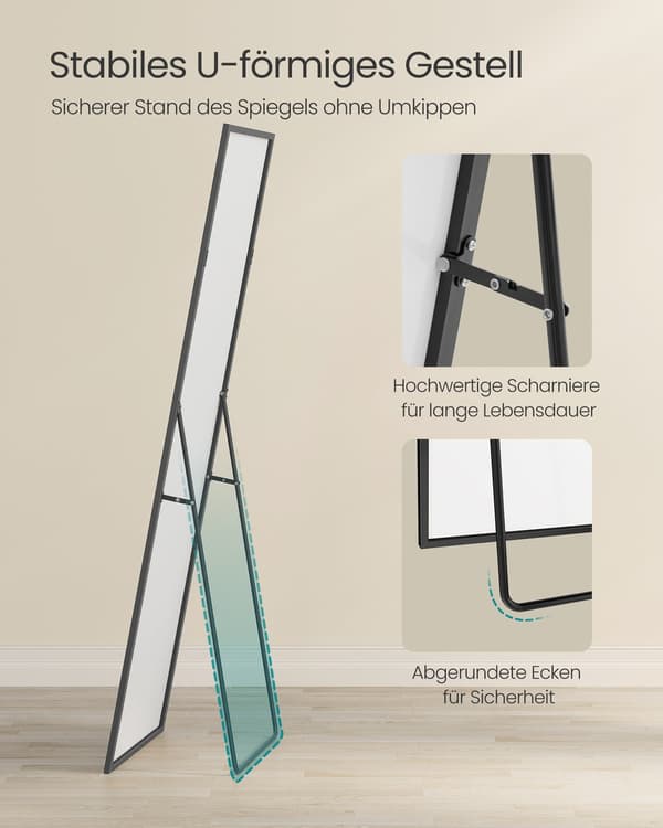 Rektangulär helkroppsspegel med robust ram | Nyanssvarta | 160x50 cm
