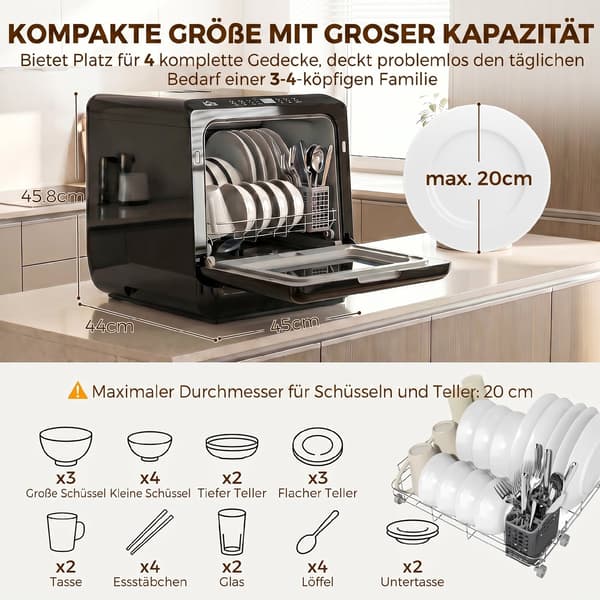 Bordsdiskmaskin med 6 L vattentank, 5 program | Färg: Svart | Mått: 45x44x45,8 cm