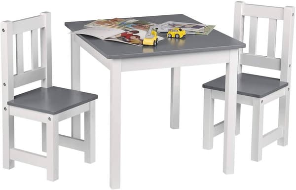 Barnbord med 2 stolar | Vit-grå | 60x50x48,5 cm