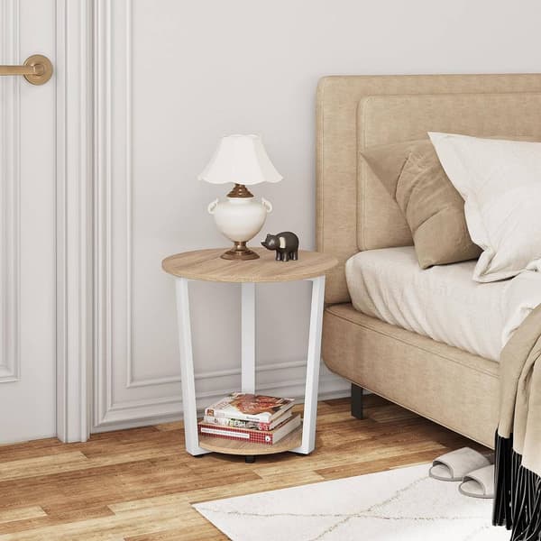 Runt sidobord med 2 hyllplan | Ljus ek | 50x50x53 cm