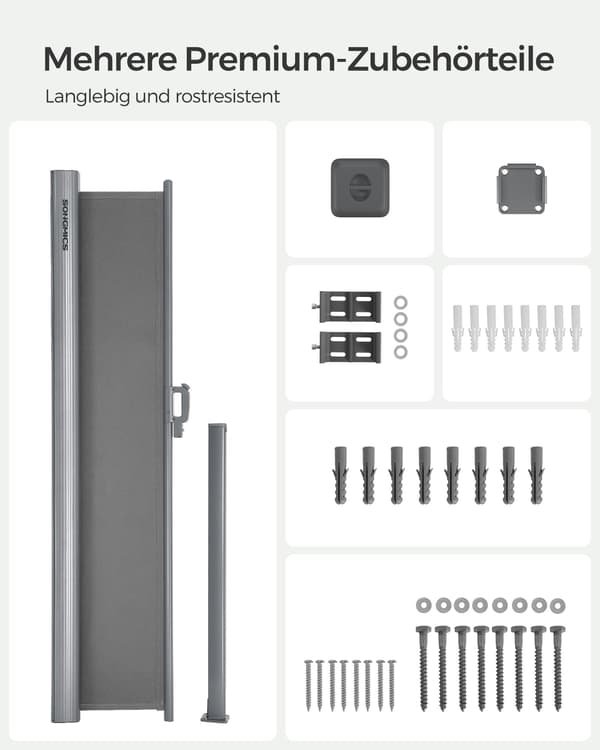 Grå utdragbar sidomarkis - infällbart solskydd - rostbeständigt - 1,8 x 3,5 m