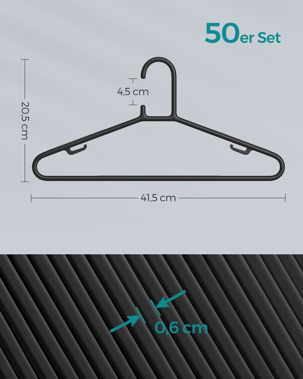 50-pack klädhängare plast svart PP lättvikt 41,5 x 20,5 cm