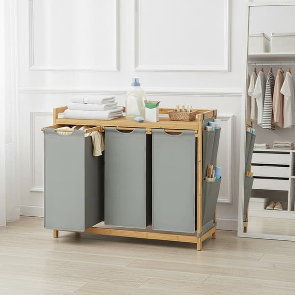 Tvättkorg med 3 fack av bambu 150 l | Grå | 33,8x93,8x78 cm