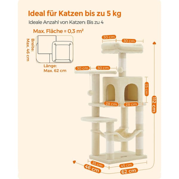 Kattskrapstolpe - Kattträd - Klätterställning - Plysch - Sisalrep - 45 x 35 x 112 cm